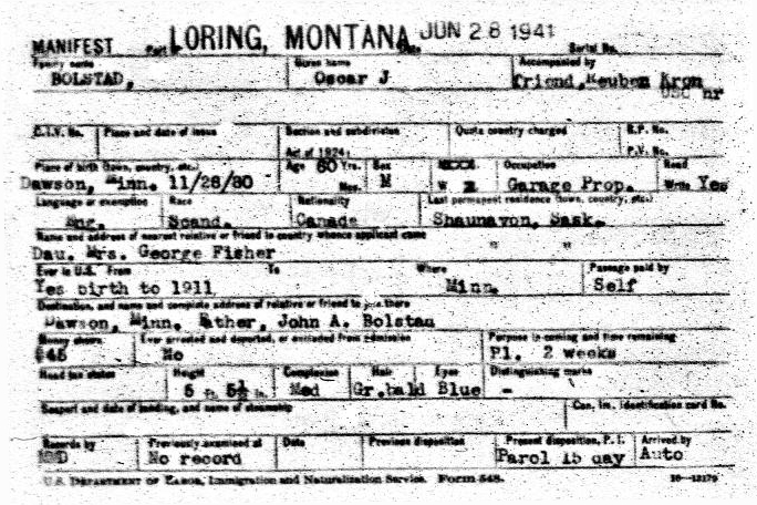  1941 Border Cross CARD 1 for OJ Bolstad 